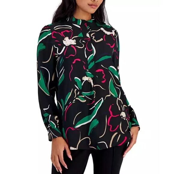 Anne Klein Women's Petite Long-sleeve Printed Stand‎ Collar Blouse Size:PS - Picture 1 of 4